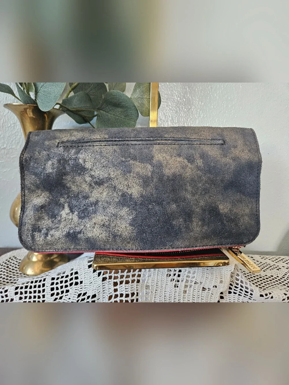 HAMMITT Convertible Grey Distressed Suede Leather Gold Studded Wallet Clutch.